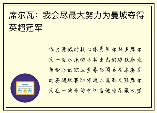 席尔瓦：我会尽最大努力为曼城夺得英超冠军